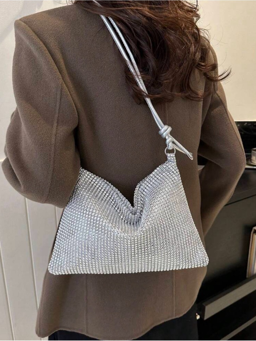 Silver Crystal Mesh Shoulder Bag - Elegant Evening Tote